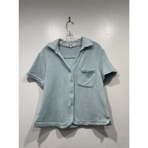 FRANKIES BIKINIS Blue Button Up Short Sleeve Terry Shirt Top Cover Up Medium‎